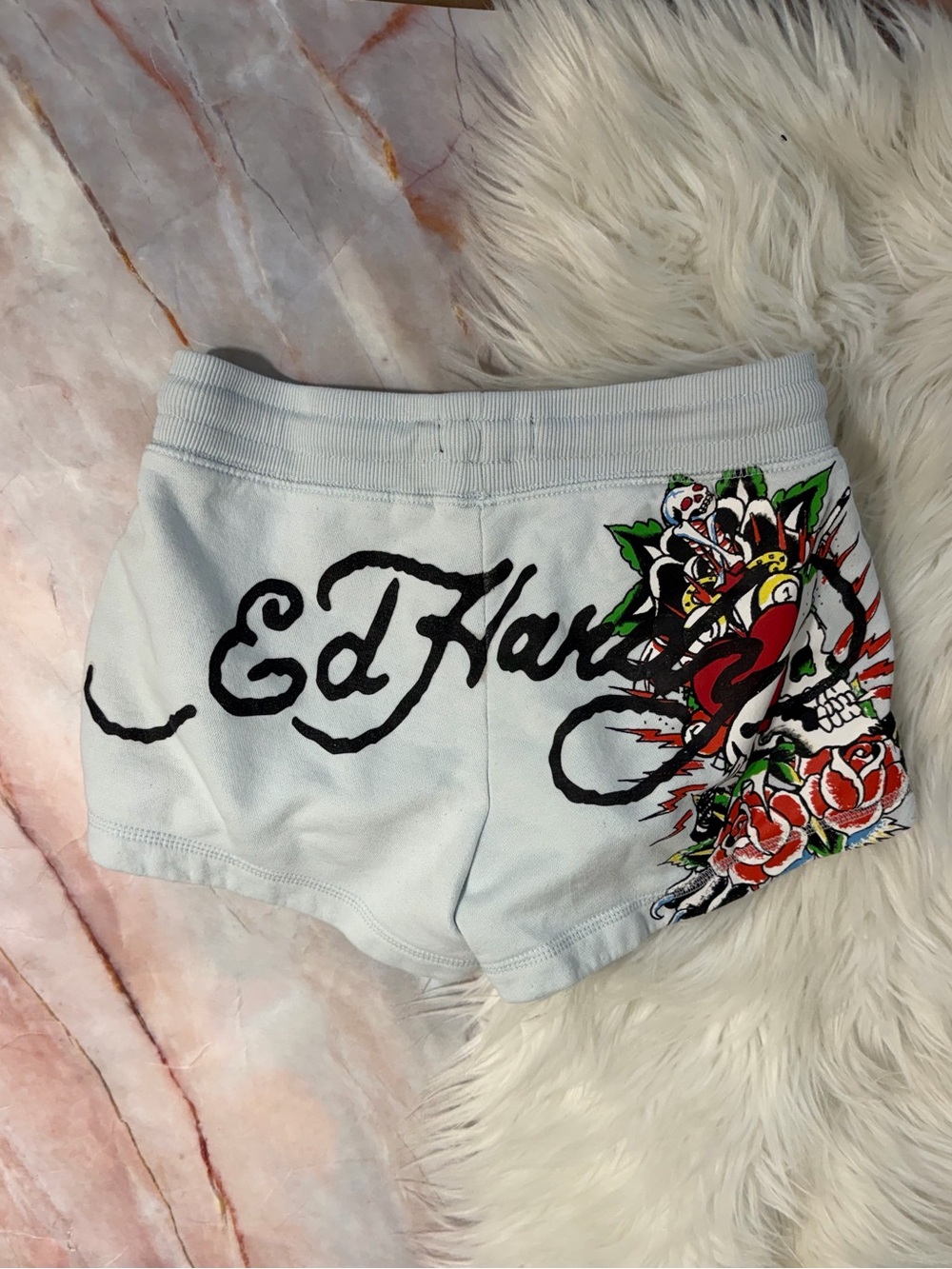 Ed Hardy Light Blue Logo Roses Skull Heart Y2K Style Shorts XS